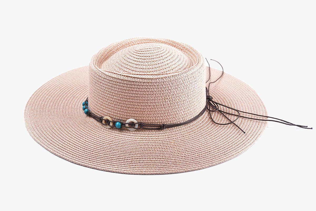 Brianna Wide Brim Boater Hat – Beaded Trim | HAT2331 : Blush