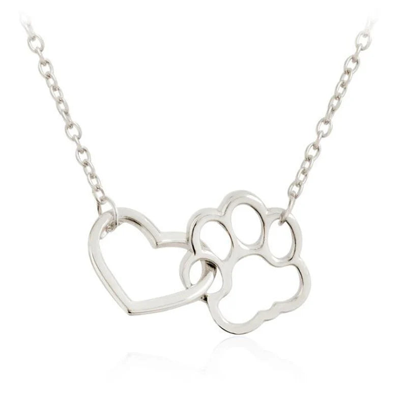 Dog Paw Heart Interlocking Charm Necklace - Silver