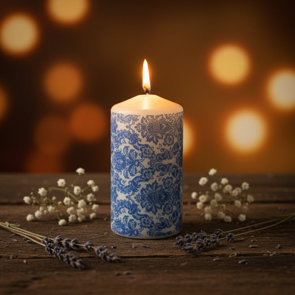 Blue Pattern Pillar Candle