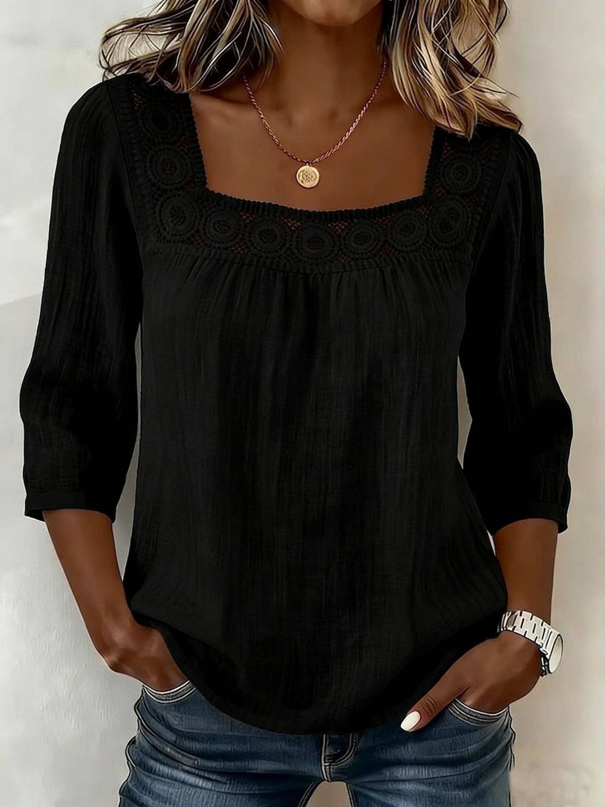 Women's Square Neck Crochet Lace 3/4 Sleeve Blouse: Black / 100%Polyester / L