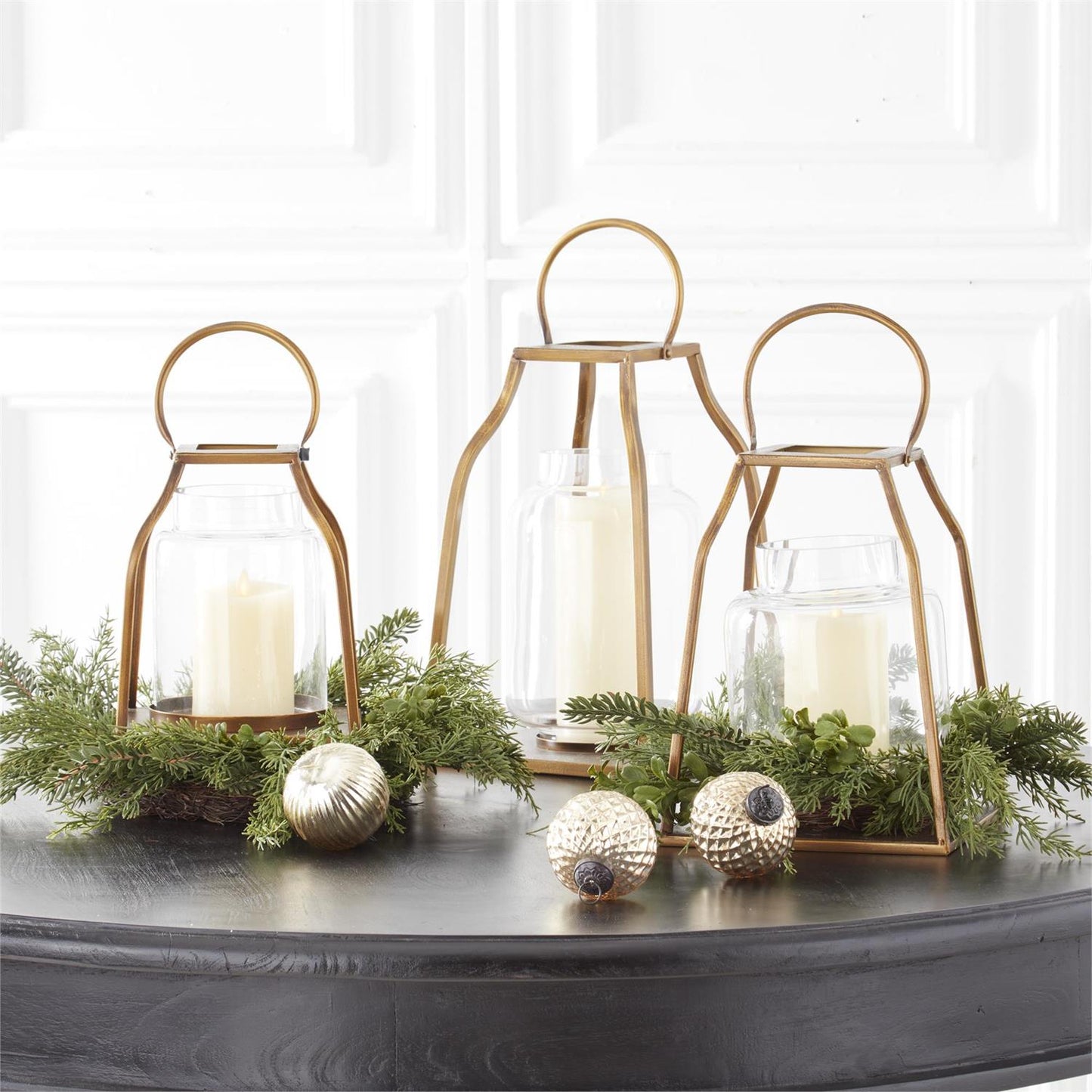 Set of 3 Gold Lanterns & Ivory Luminara Candles w/Remote
