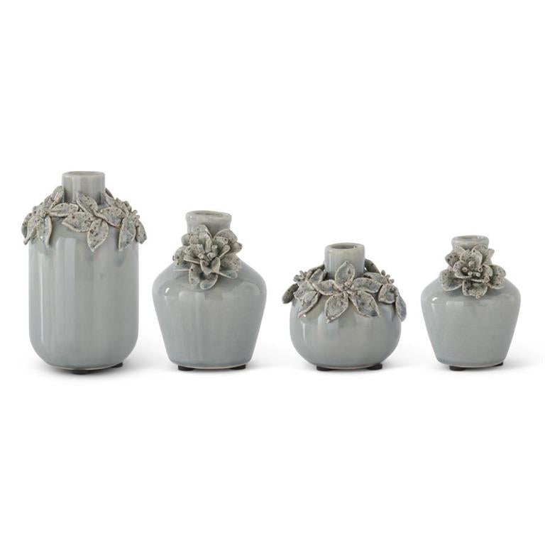 Set of 4 Light Blue Ceramic Vases w/Raised Flowers