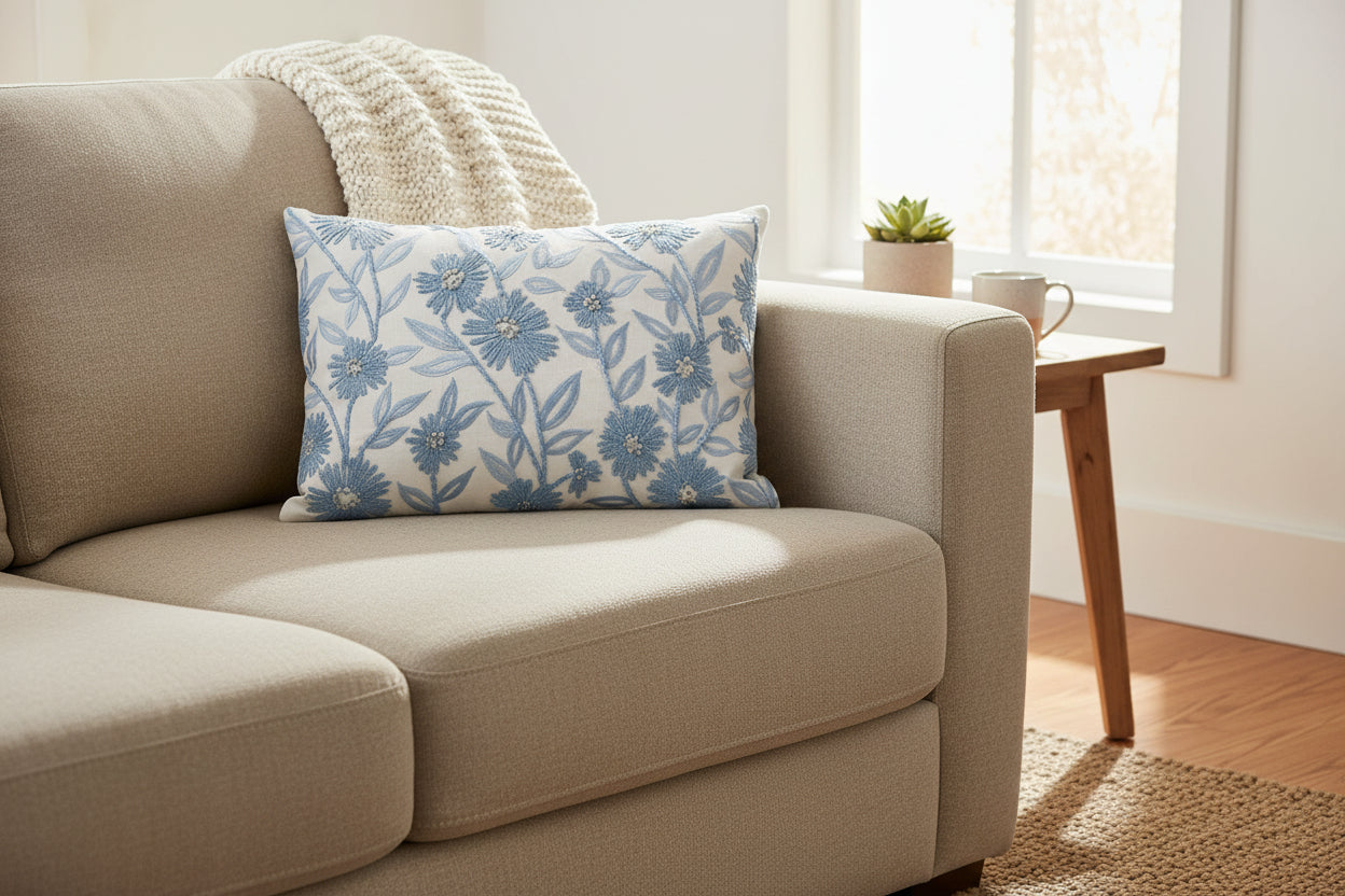 14 inch lumbar white linen and blue embroidered floral pillow