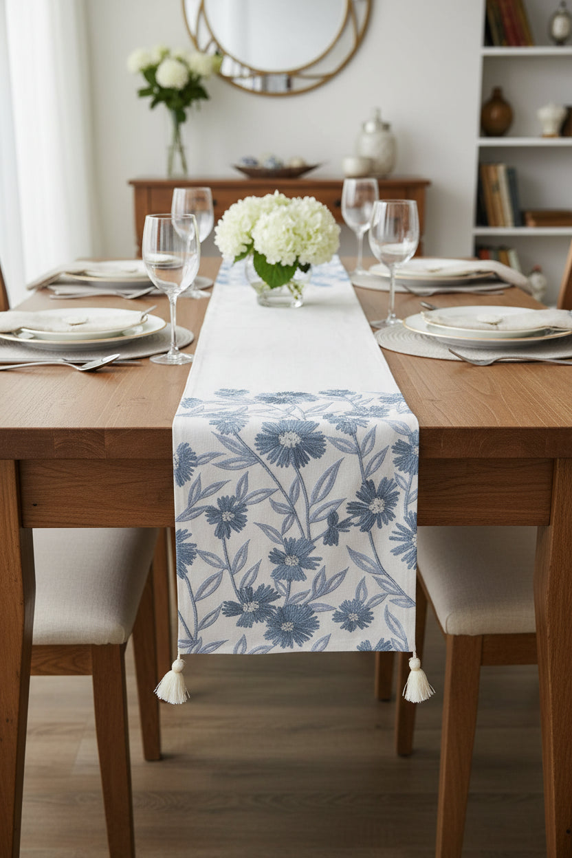 72 Inch White & Blue Embroidered Floral Table Runner