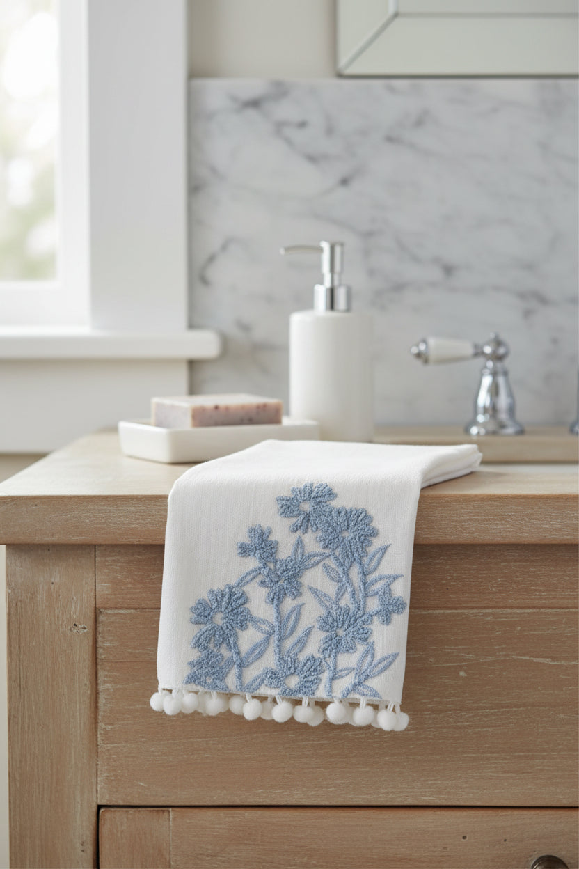 White Linen & Blue Embroidered Floral Hand Towel