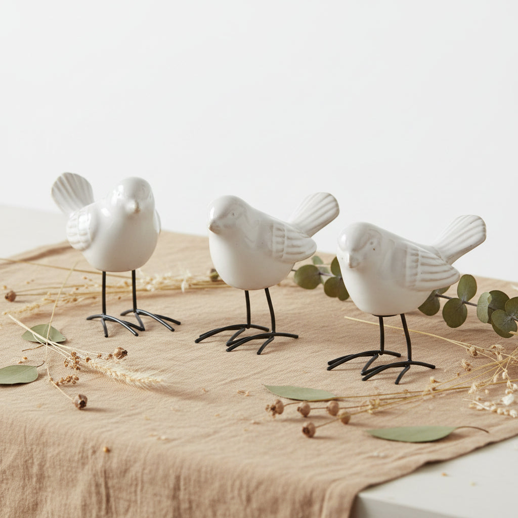 White Ceramic Birds With Metal Feet (large)