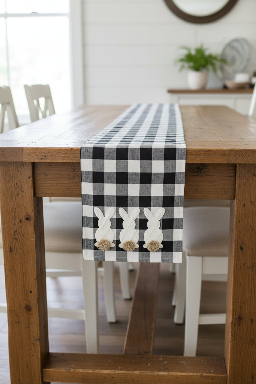 72 Inch Black & White Checkered Table Runner w/3 Bunnies & Pom Pom Tails