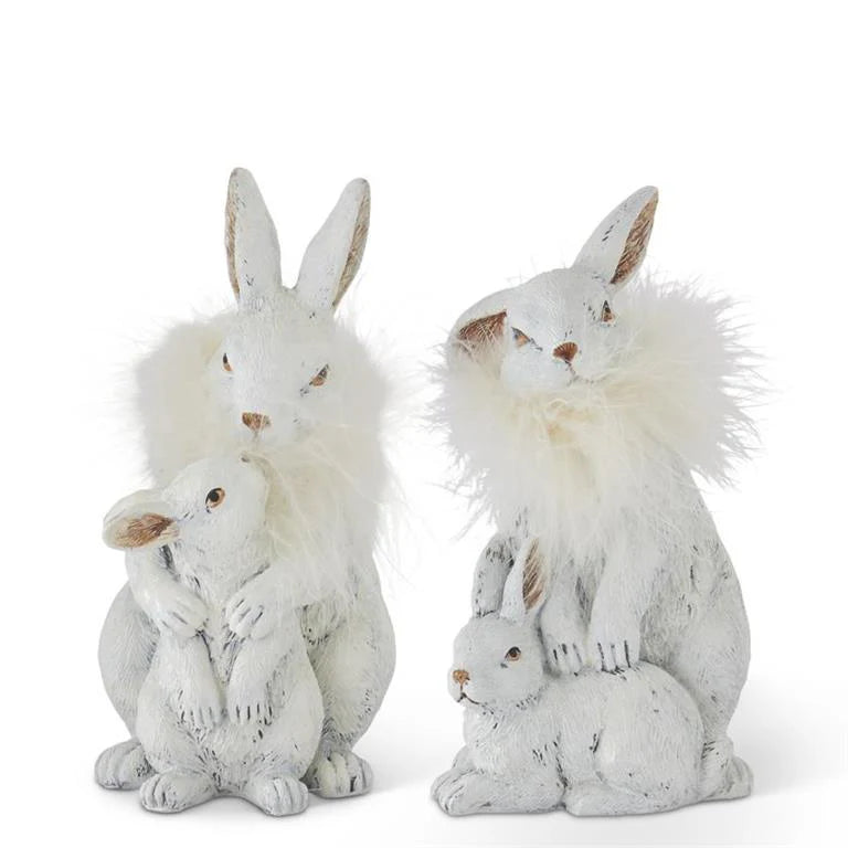 White Resin Rabbit & Bunnies With Feather