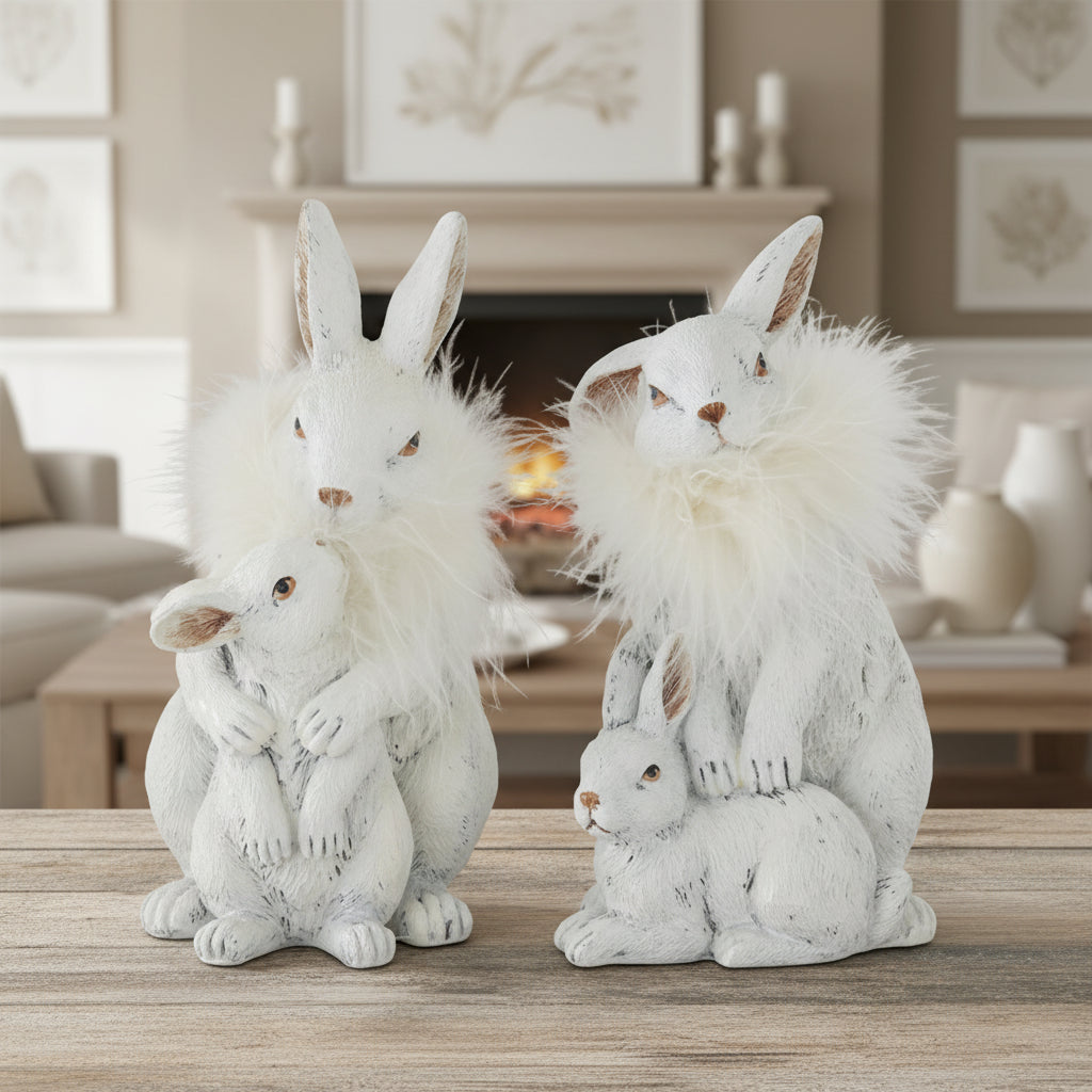 White Resin Rabbit & Bunnies With Feather