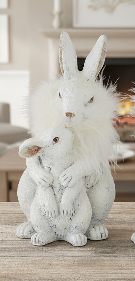 White Resin Rabbit & Bunnies With Feathers