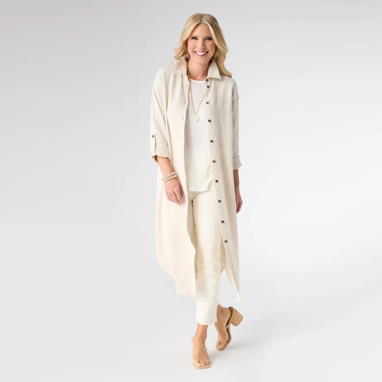Keira Long Sleeve Dress with Black Button Detail - Natural S/M