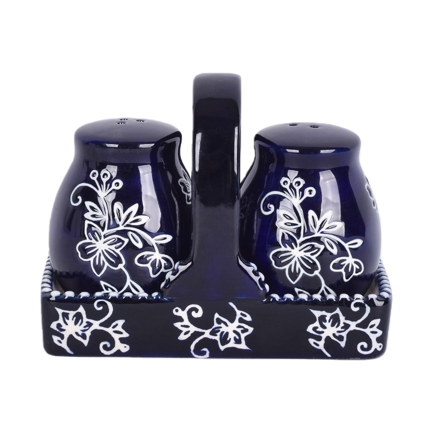 Salt and Pepper Shakers with Holder-Floral Lace Blue