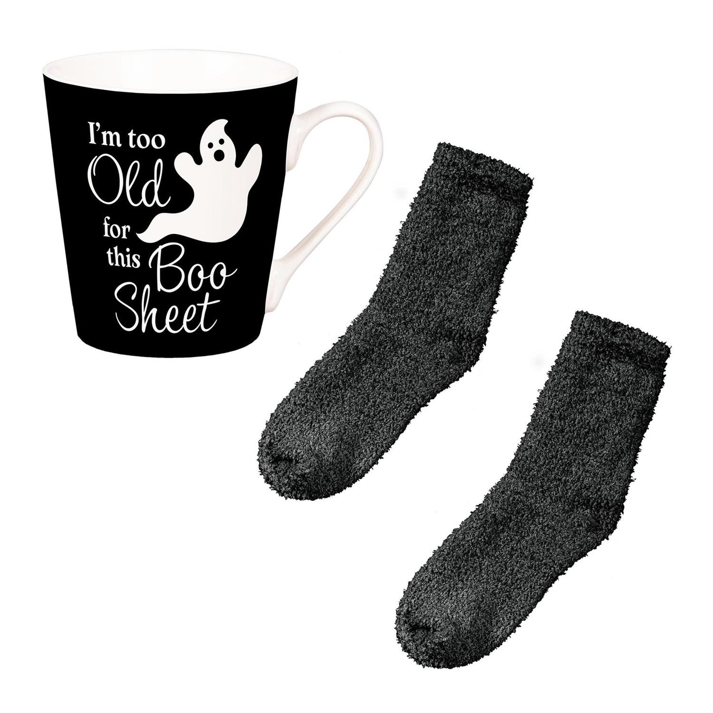 “I’m Too Old For This Boo Sheet” Ceramic Cup & Black Socks