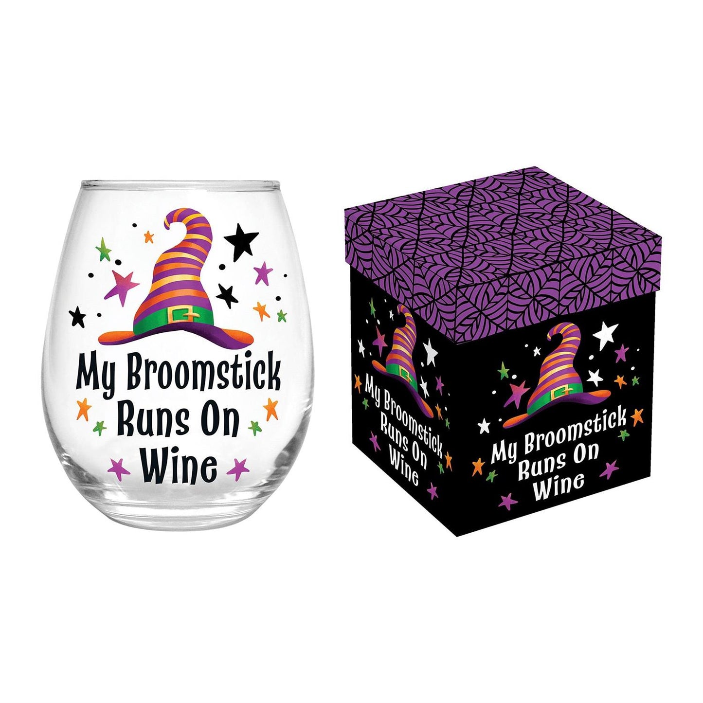 “My Broomstick Runs On Wine” Stemless Glass w/Gift Box