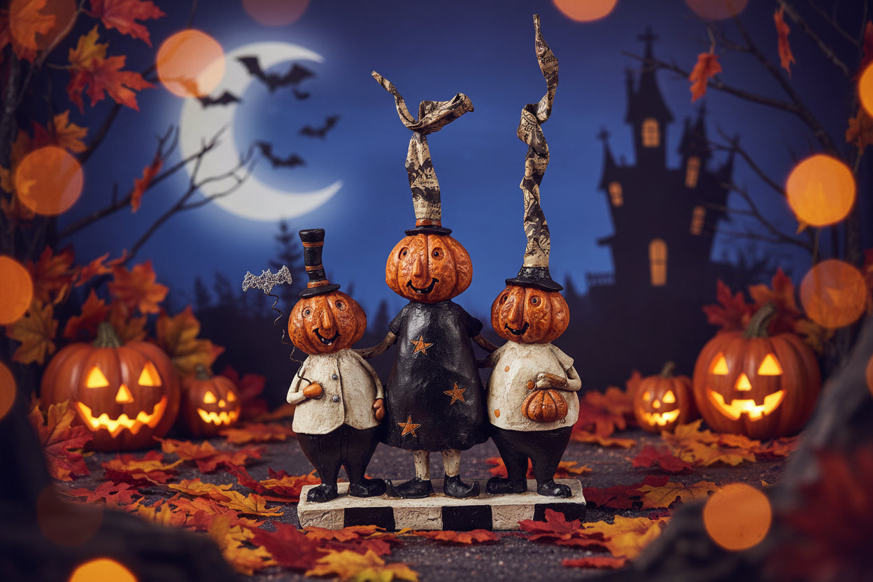 8″ Resin Pumpkin Family Trio with Bat