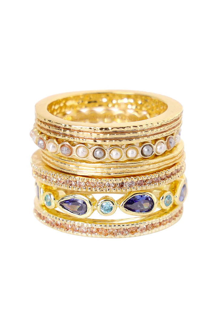 6Pcs Blue CZ & Faux Pearl Stacking Ring Set - Size 7