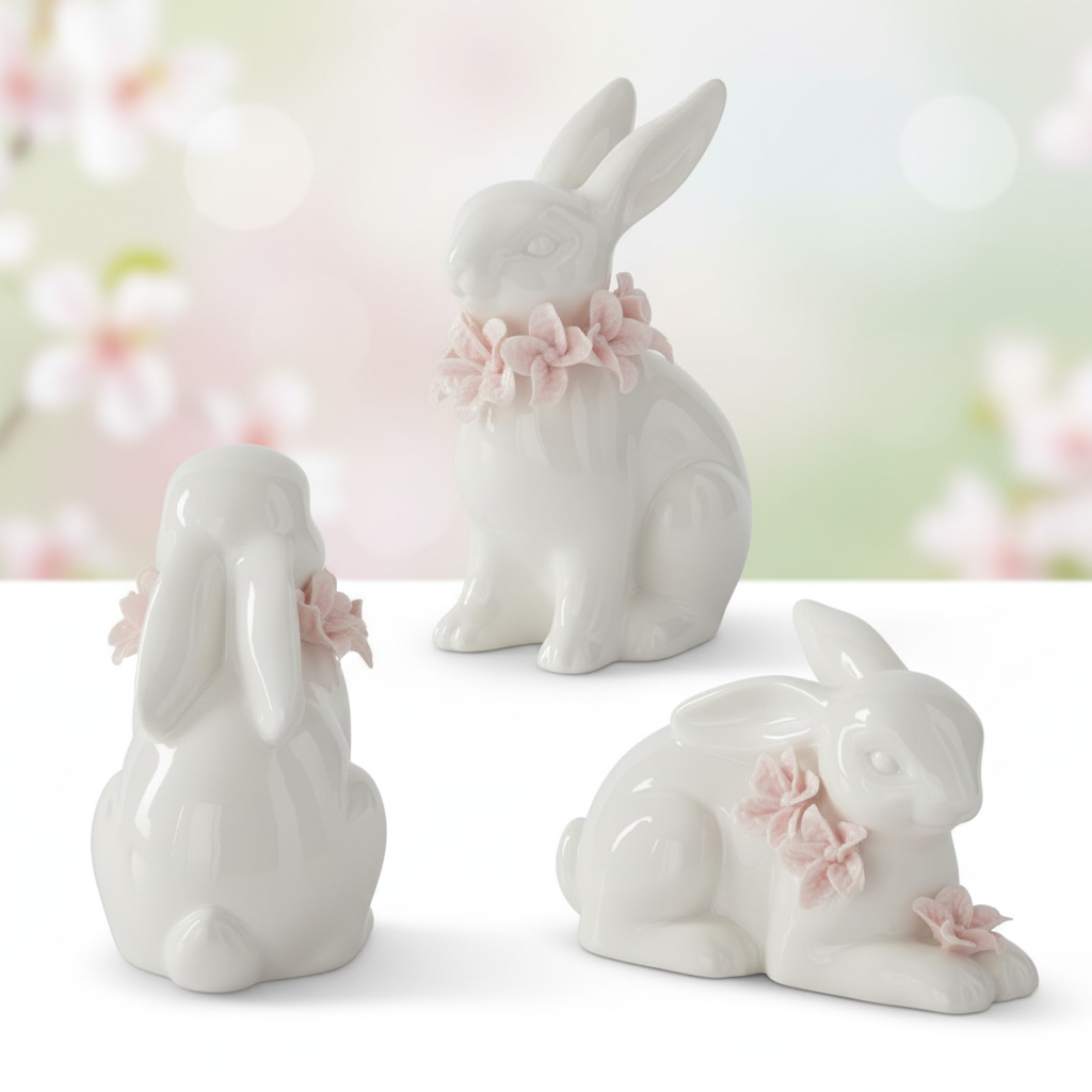 5 Inch White Ceramic Easter Bunny With Pink Flowers