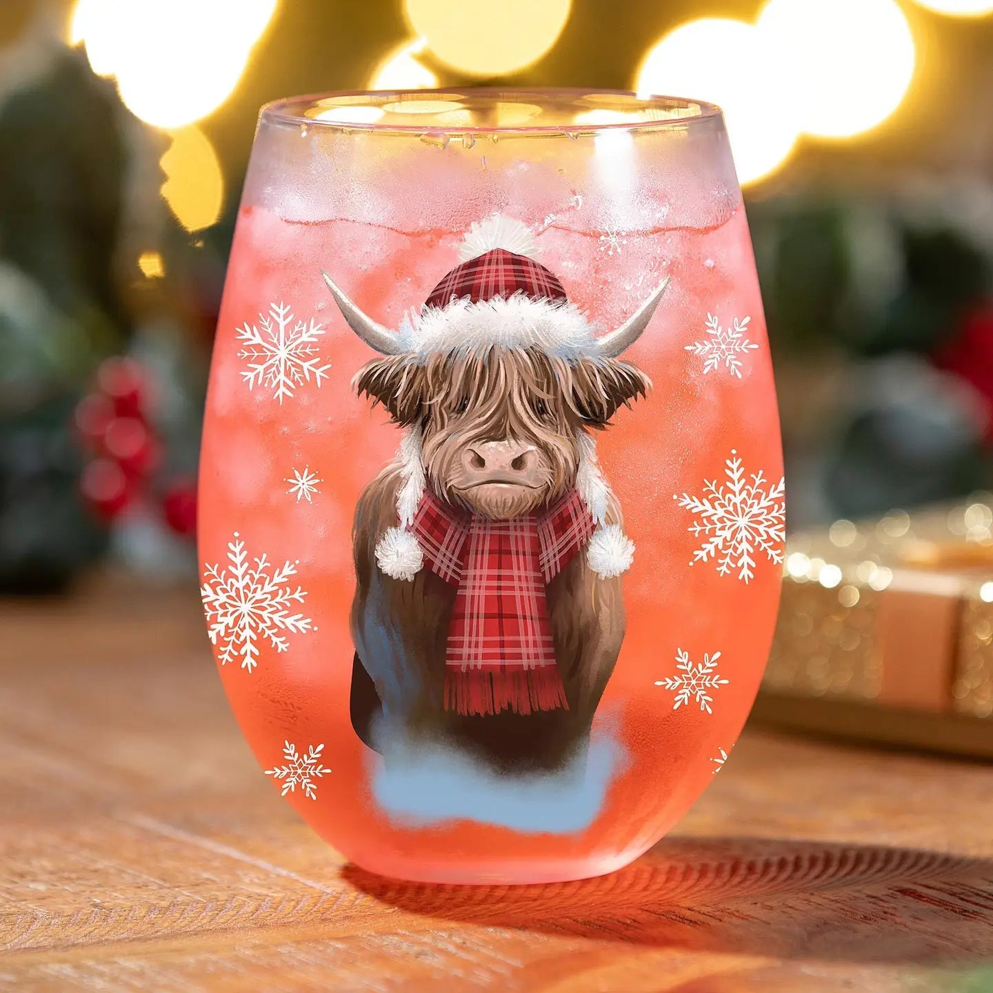 Holiday Poinsettia Wine Glass Stemless Glass, Highland Cow