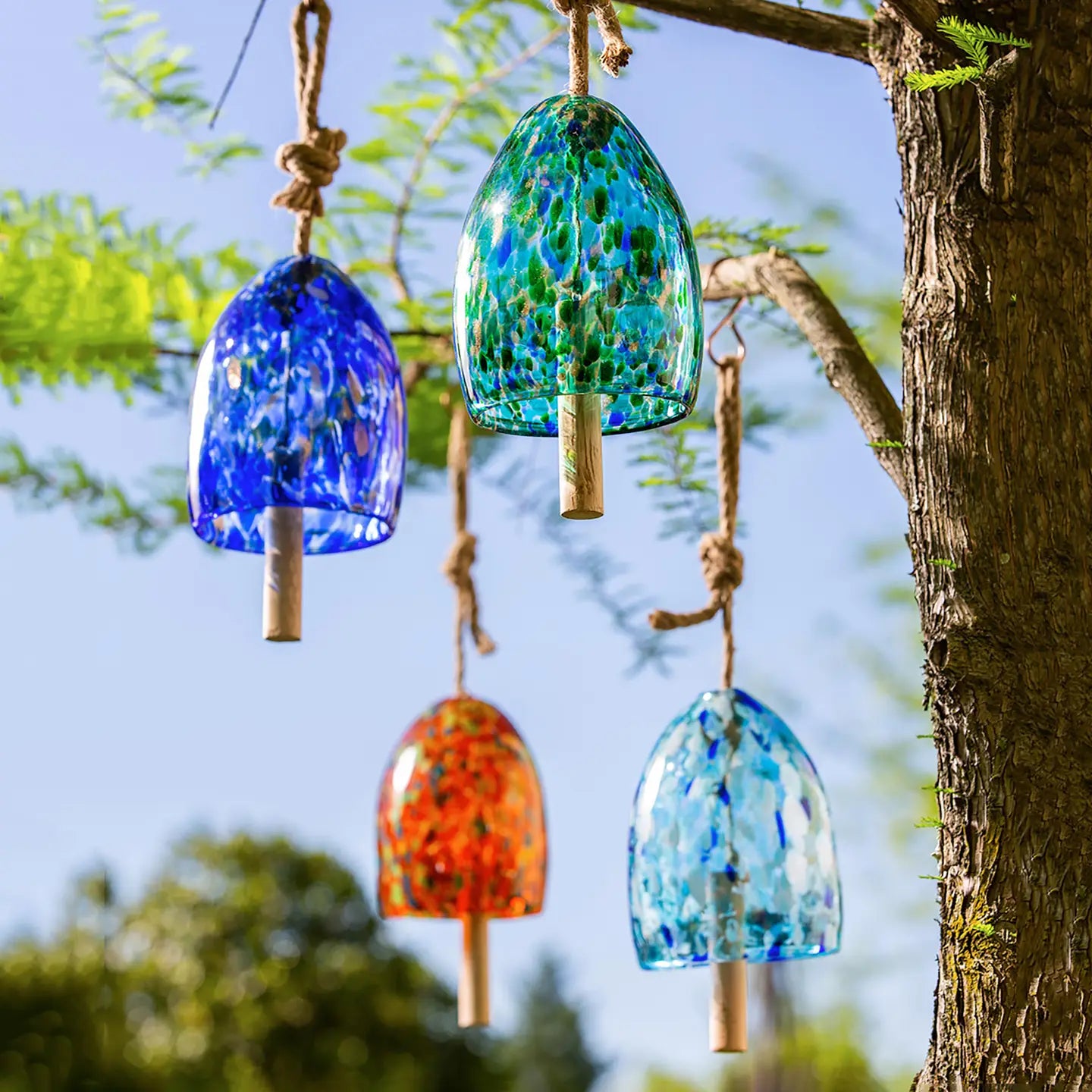 Blue Coastal Garden Bell, Turquoise Speckled Art Glass Bell