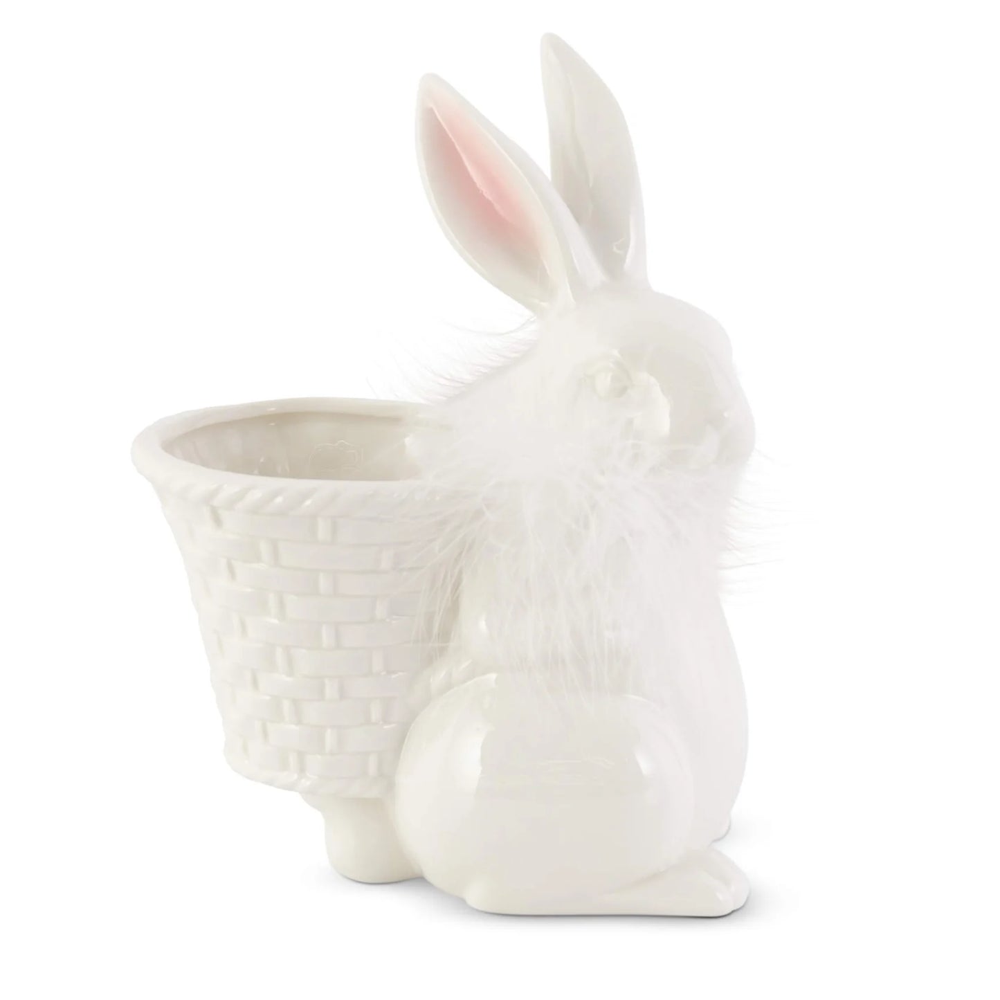 7.75 inch White Porcelain Feathered Bunny w/ Basket