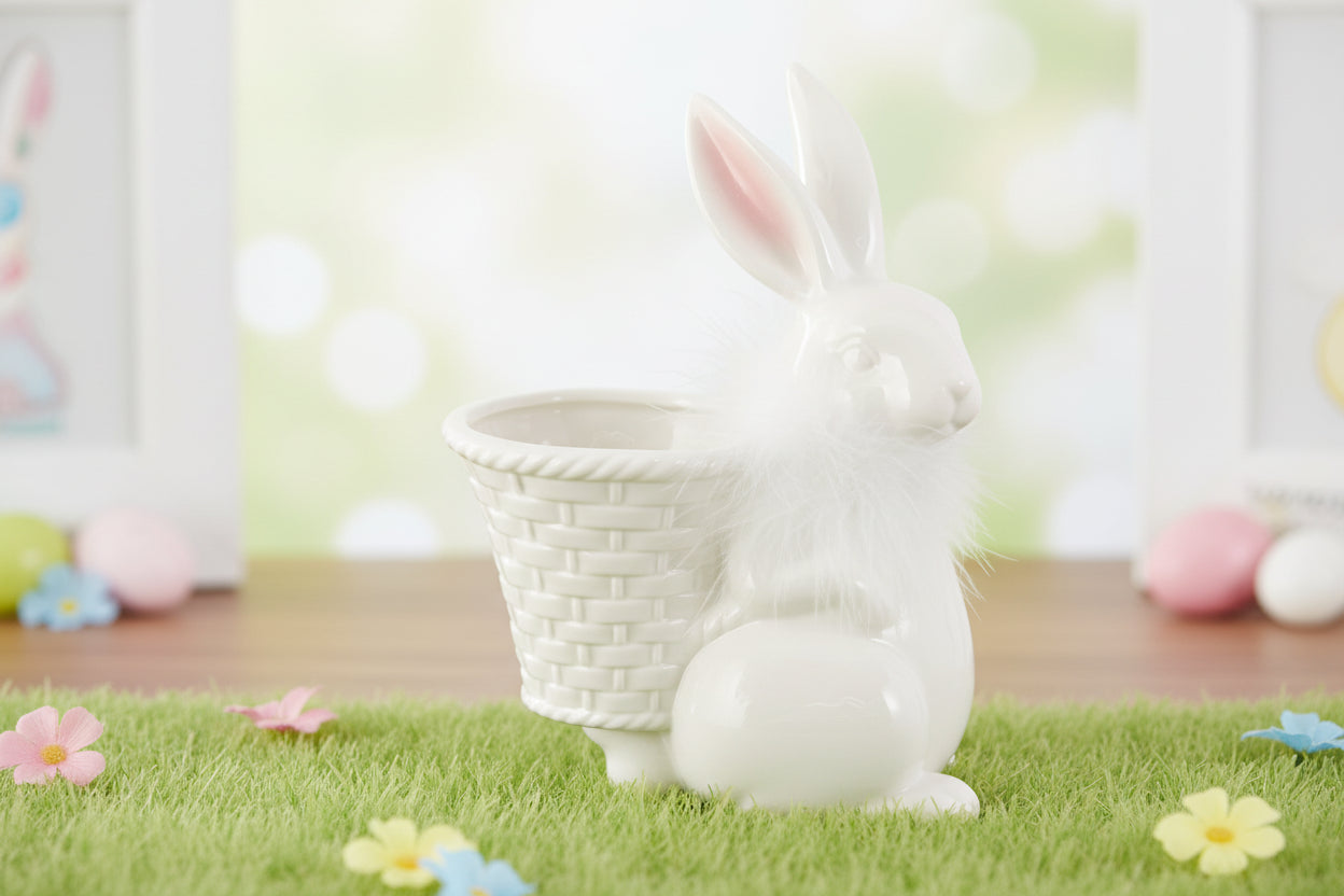 7.75 inch White Porcelain Feathered Bunny w/ Basket