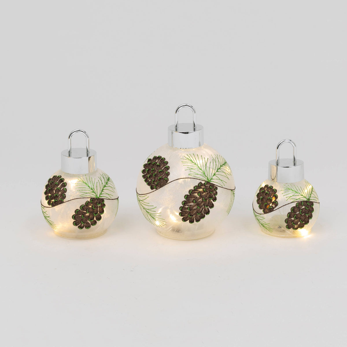 Christmas Set of 3 Lighted Frosted Glass Pinecone Luminaries with Timer