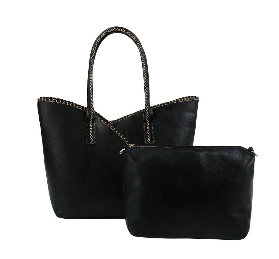 Stitch Trim Detail Shoulder/Tote Set Bag- Black