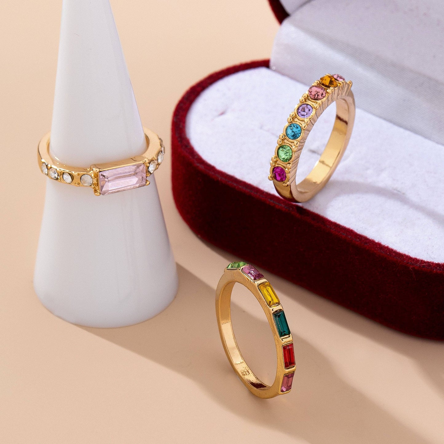 Rainbow Gemstone Triple Band Ring Set | 80R228: Set