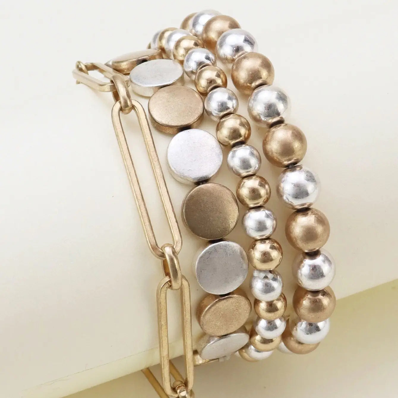 Mixed Metallic Beads & Chain Bracelet Set