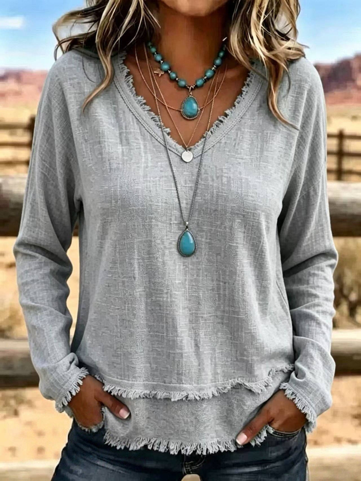 Women's Frayed Hem V-Neck Long Sleeve Casual Top: Gray / 100%Polyester / L
