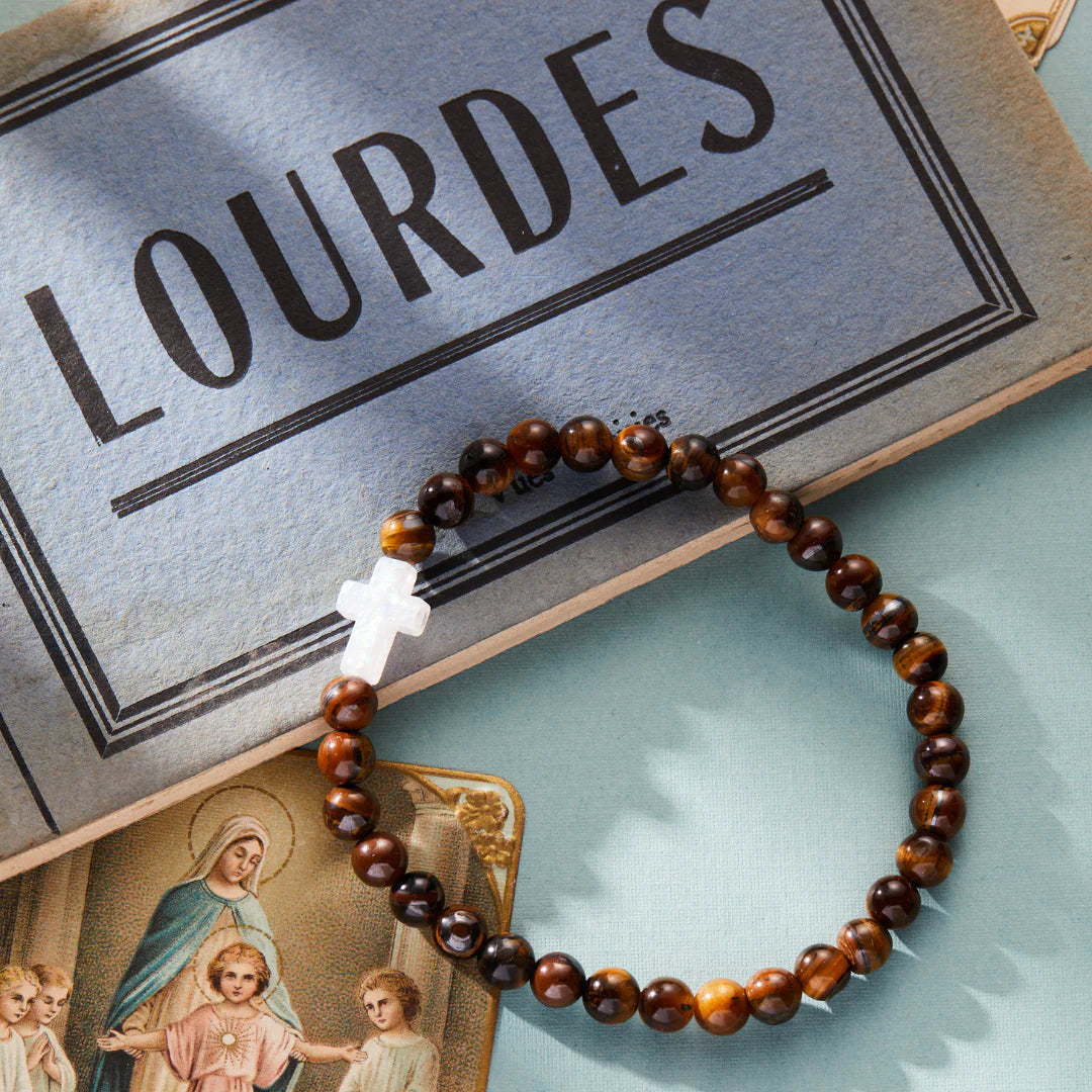 Holy Water Men's Cross Bracelet in Tigers Eye