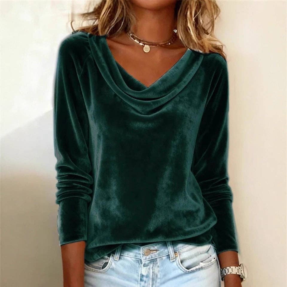 Women's Cowl Neck Velvet Long Sleeve Elegant Top: Green / L