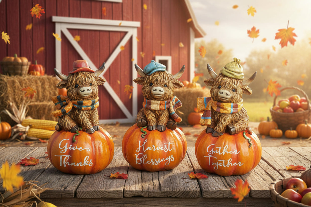 Fall Scarf Highland Cow on Pumpkin - 3 Assorted
