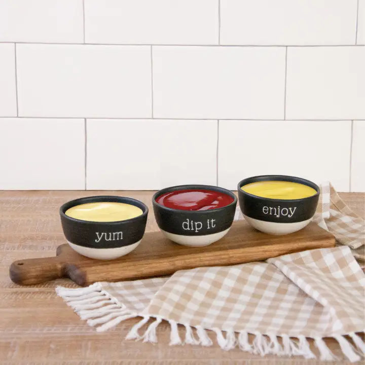 Wood Serving Tray with Stoneware Dip Bowls (Set)
