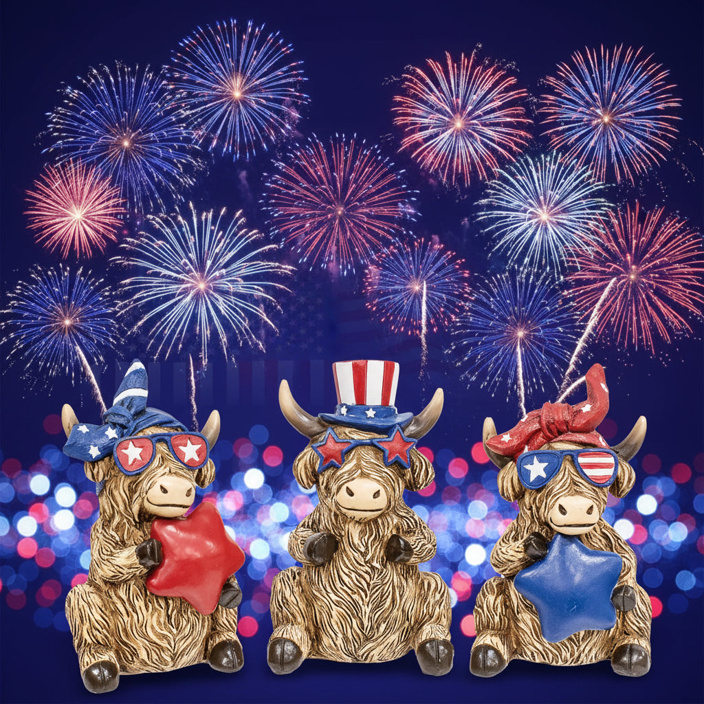 Resin Patriotic Highland Cow Sitter 3 Assorted (each)