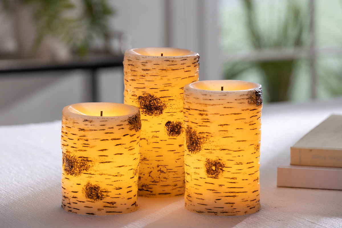 Set of 3 Birch Bark LED Wax Pillar Candles – Graduated 4-Inch, 5-Inch, and 6-Inch Flameless Pillars with Glow Wick(R) and Warm White LED