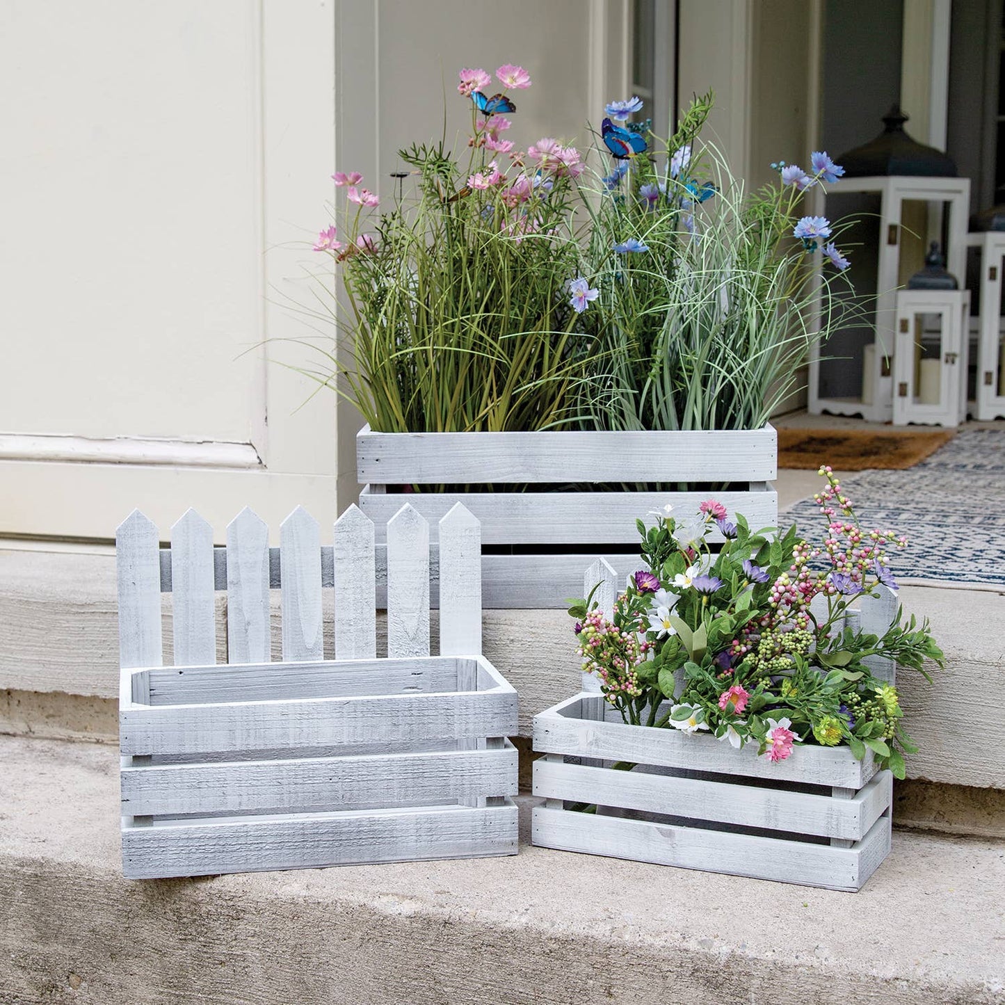 3/Set - White Wooden Picket Planter Boxes