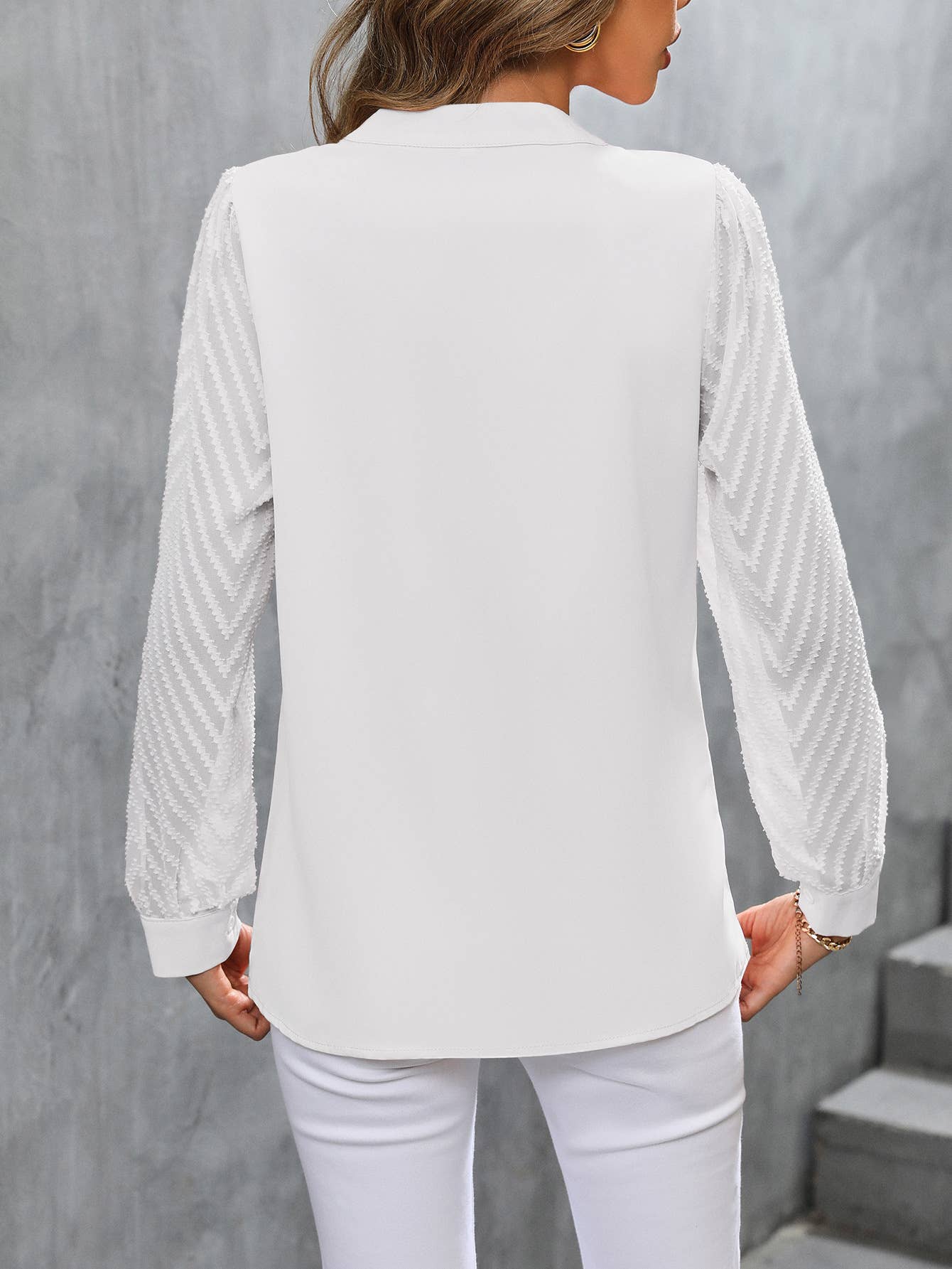 Sheer Chevron Sleeve Split Neck Blouse: White / M