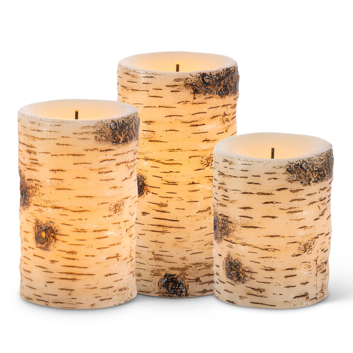Set of 3 Birch Bark LED Wax Pillar Candles – Graduated 4-Inch, 5-Inch, and 6-Inch Flameless Pillars with Glow Wick(R) and Warm White LED