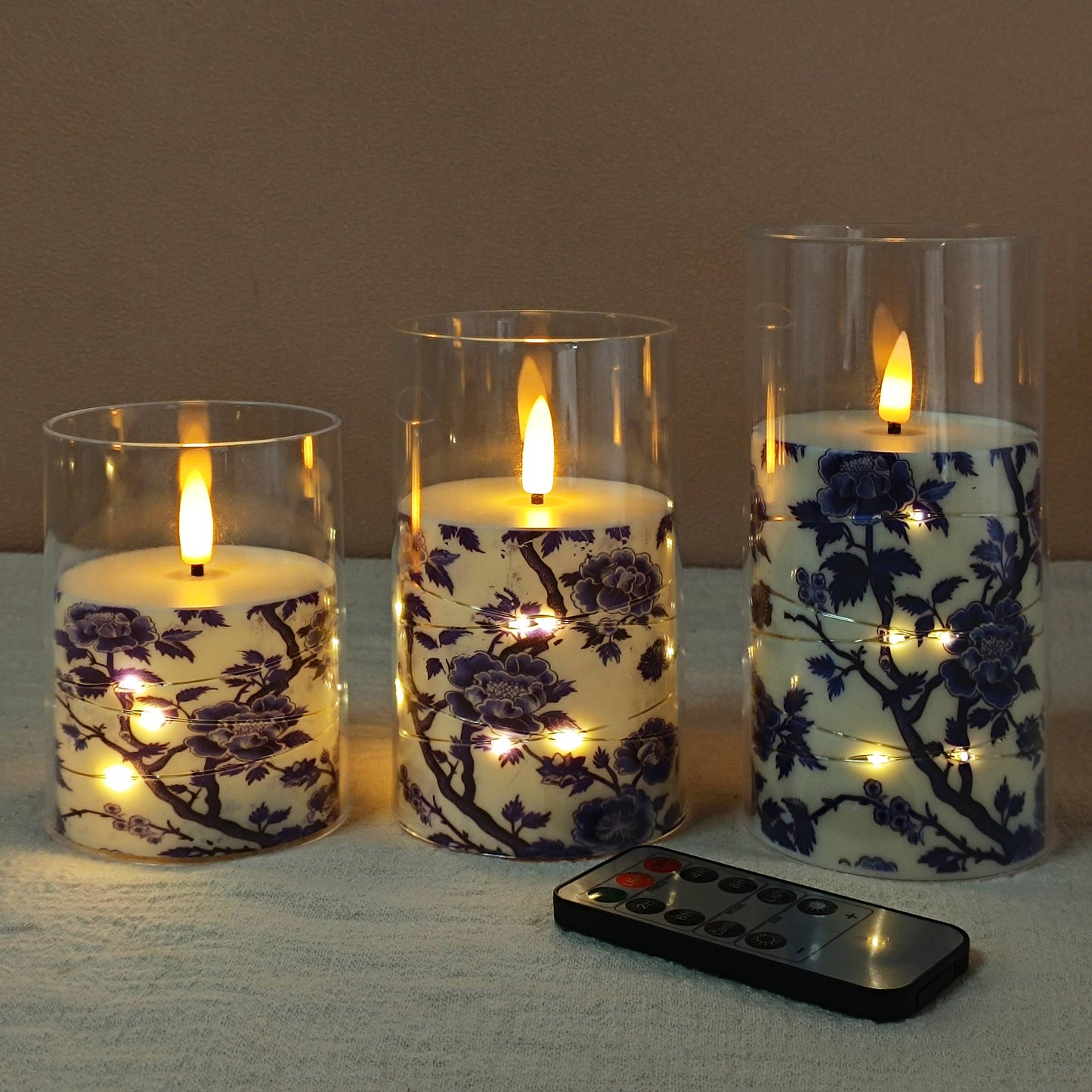 Blue White Porcelain Copper Wire Flameless Candle Set of 3