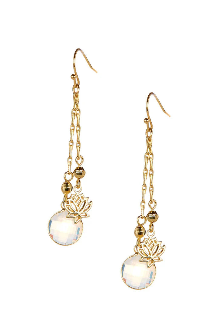 Moonstone Crystal & Lotus Drop Earrings in Gold