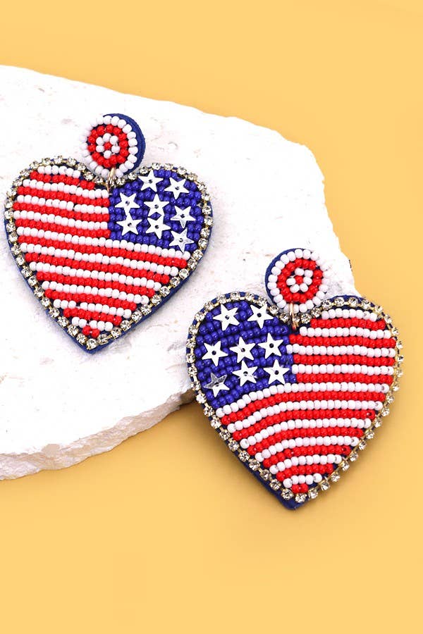 4TH OF JULY SEED BEAD USA FLAG DROP EARRINGS | 40E288: USA