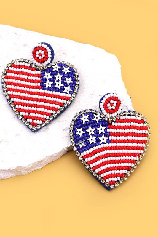 4TH OF JULY SEED BEAD USA FLAG DROP EARRINGS | 40E288: USA