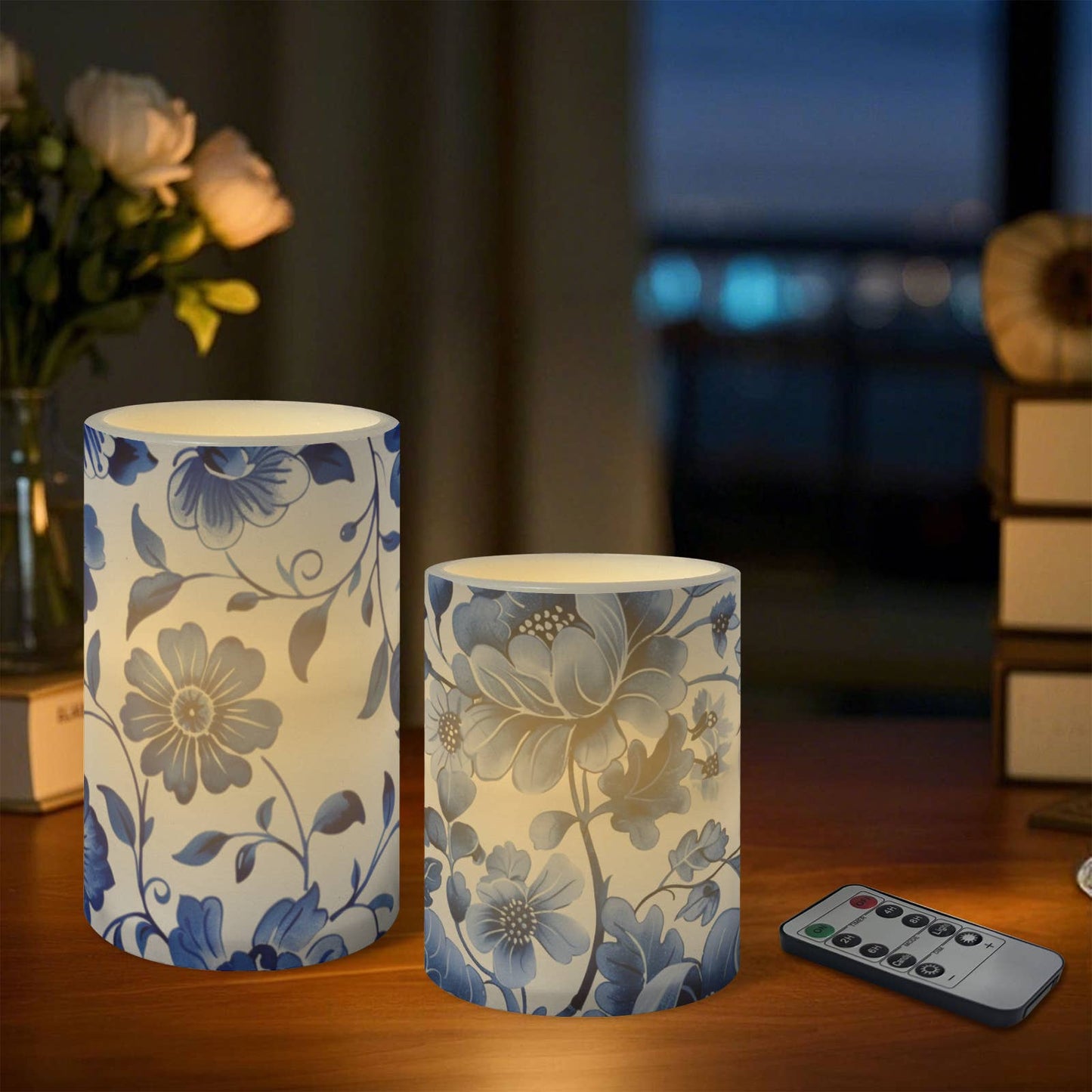 3-Piece Blue & White Porcelain Flameless LED Pillar Candles: BW2