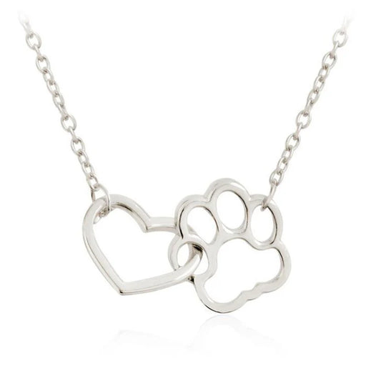 Dog Paw Heart Interlocking Charm Necklace - Silver