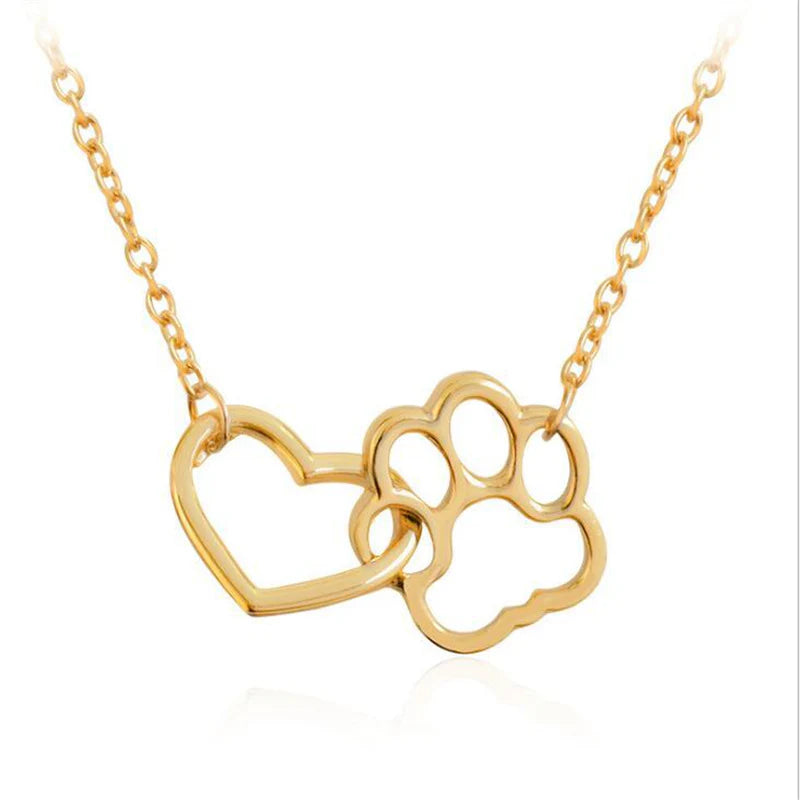 Dog Paw Heart Interlocking Charm Necklace - Gold