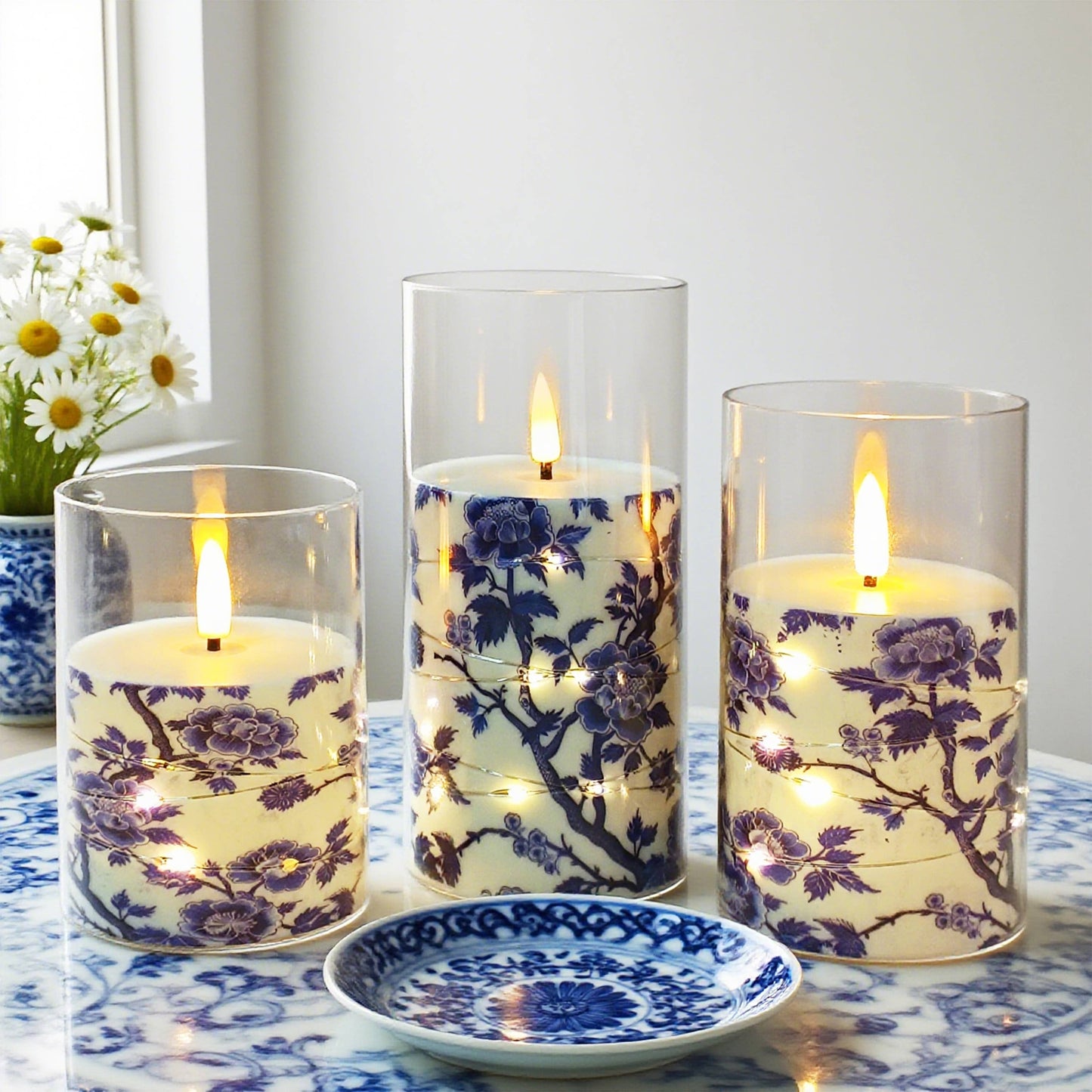 Blue White Porcelain Copper Wire Flameless Candle Set of 3
