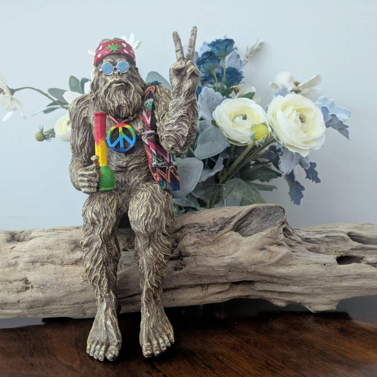 Hippie Bigfoot Sasquatch with Bohemian Bag Statue: Stonegray