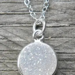 Silver Bezel Druzy Necklace Rainbow White