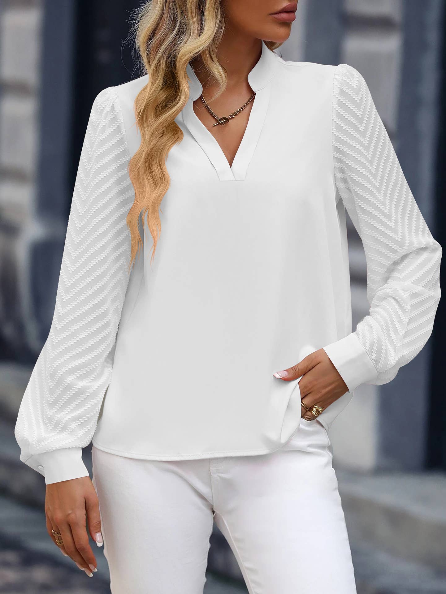 Sheer Chevron Sleeve Split Neck Blouse: White / M
